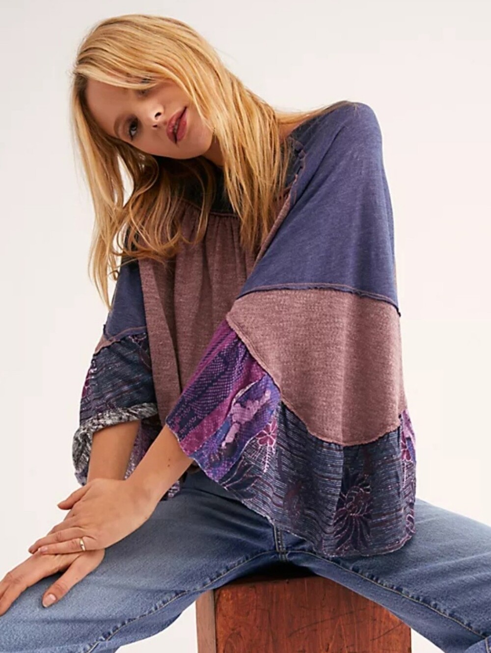 We The Free People Women's Friday Fever Thermal Shirt Size Large Purple Blue.